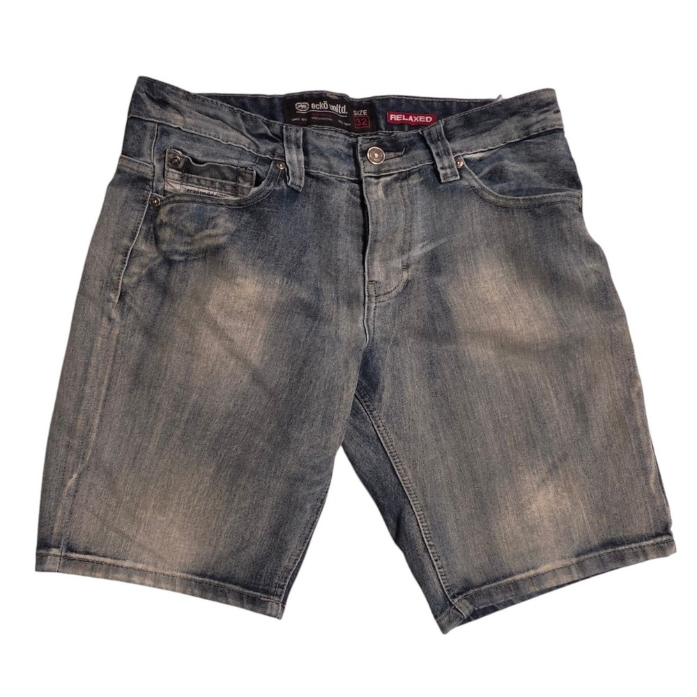 Ecko Unltd Mens Denim Shorts Blue Faded Relaxed Fit Streetwear Size 32